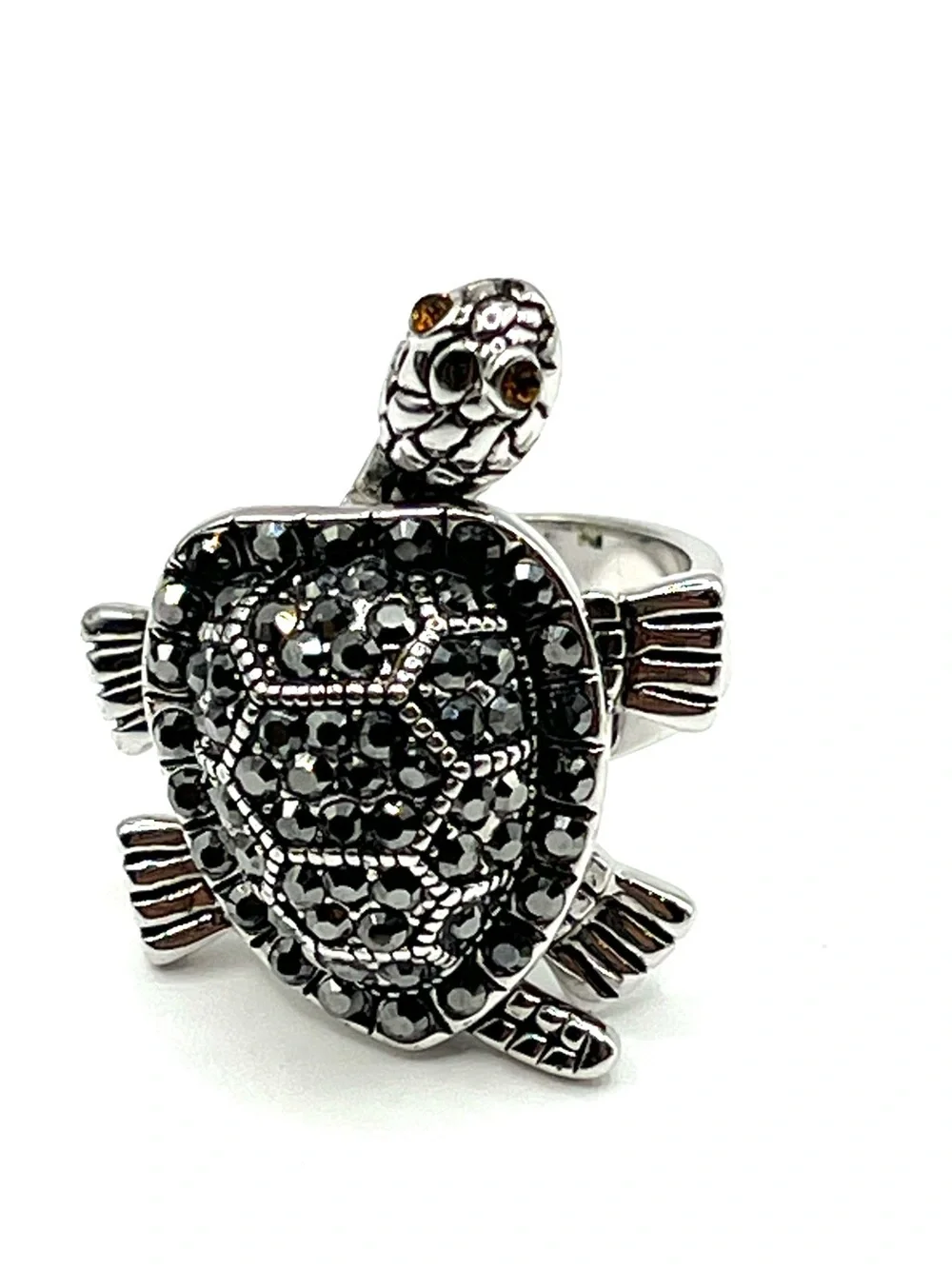 Turtle Ring Articulated Silver Tone Rhodium Plated Patience Knowledge